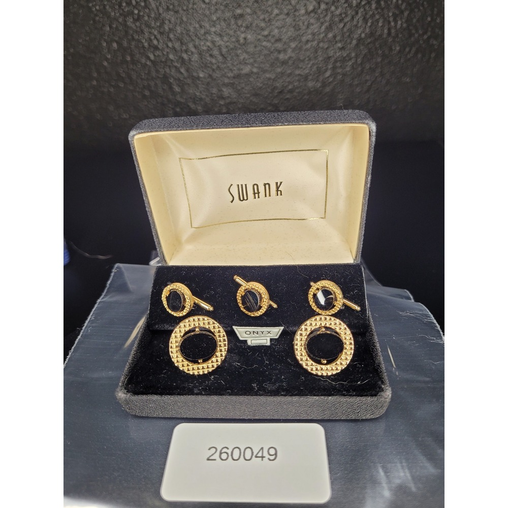 Swank Cufflink and Tie Tack Set Gold Tone Black Onyx Textured Circular Excellent